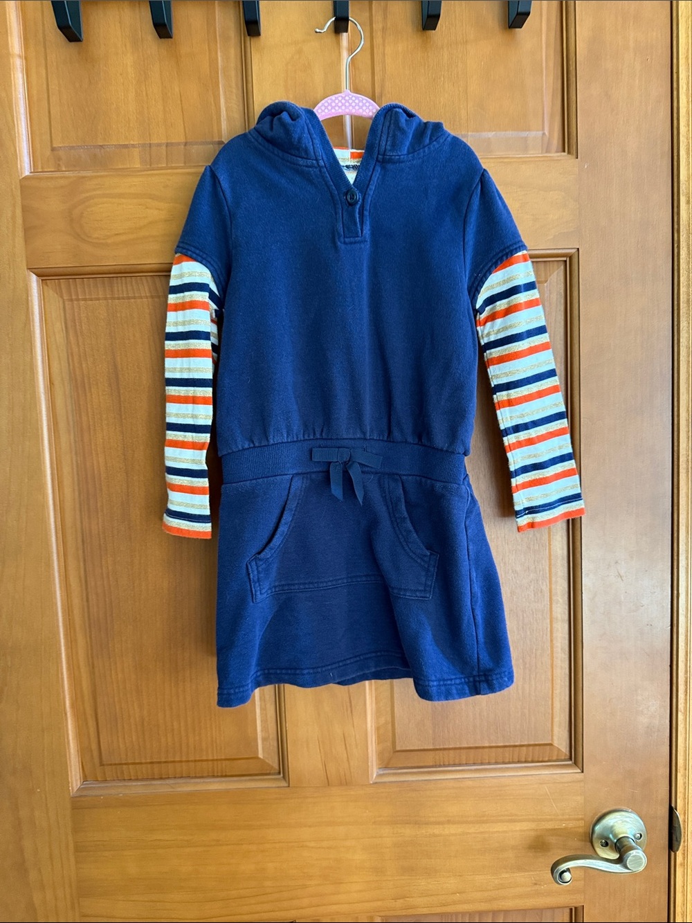 Gymboree Navy Hoodie Dress with Orange and Light Blue Striped Sleeves